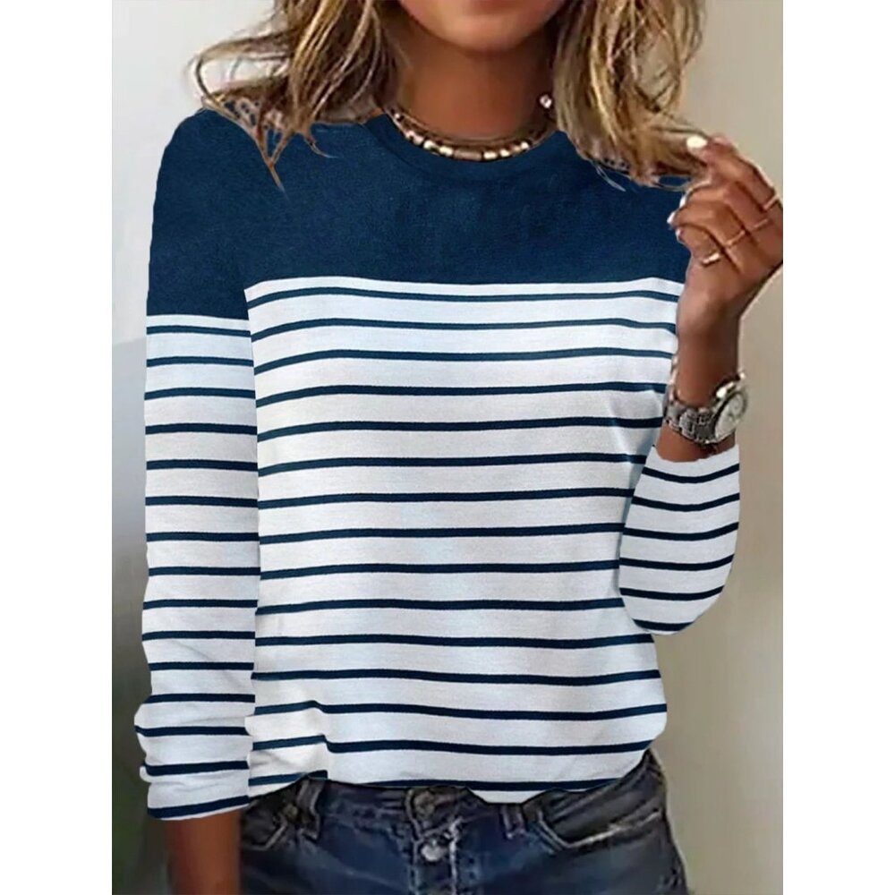 Casual Striped Crew Neck Long Sleeve Jersey Blouse